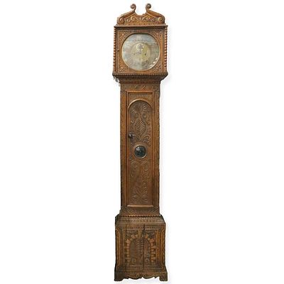 LONGCASE CLOCK BY EDWARD HARRIMAN OF WORKINGTON antique carved walnut and oak with eight day 