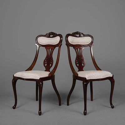 PAIR OF EDWARDIAN MAHOGANY SIDE CHAIRS (2) circa 1905 in cream patterned fabric, 96cm H x 45cm 