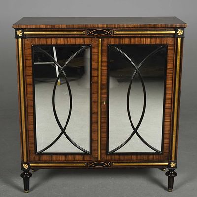 SIDE CABINET, REGENCY STYLE reproduction mahogany, with gilt and ebonised detail with a pair of 