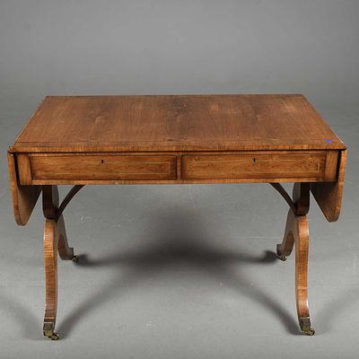 SOFA TABLE Regency mahogany with brass inlaid line detail with two frieze drawers and dummy 