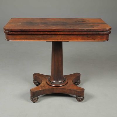 WILLIAM IV ROSEWOOD CARD TABLE burgundy baize playing surface and inset brass castors, 75cm H x 