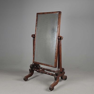 GEORGE IV MAHOGANY CHEVAL MIRROR circa 1830, with rectangular swing plate, 150cm H x 80cm W x 