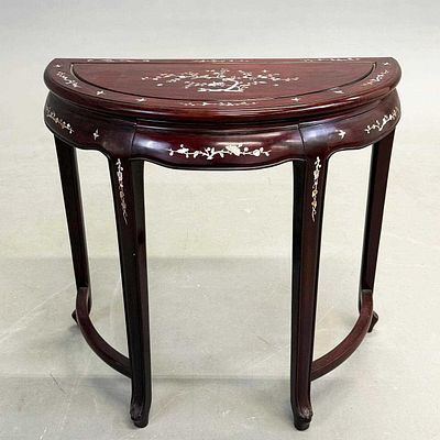 ORIENTAL STYLE DEMI LUNE CONSOLE TABLE. with central drawer, 90cm H x 46cm W x 82cm D approx. 