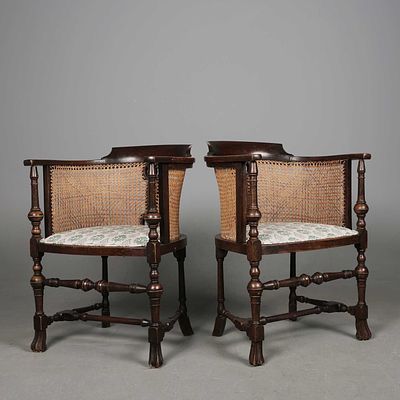 PAIR OF EARLY 20TH CENTURY TUB BERGERES (2) walnut with caned backs and green leaf upholstery 