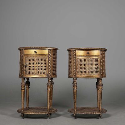 PAIR OF LOUIS XVI STYLE BEDSIDE CABINETS (2) giltwood and caned, each of oval outline with 