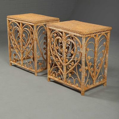 PAIR OF WICKER SIDE TABLES (2) painted, 60cm H x 51cm W x 36cm D.