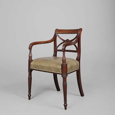 REGENCY MAHOGANY AND BRASS INLAID ARMCHAIR green leather seat, 83cm H x 51cm W x 49cm D.