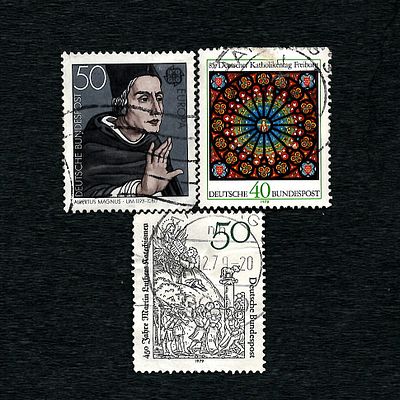 Three German Postage Stamps: Albertus Magnus (SC 1328), Freiburg Cathedral (SC 1278), and 