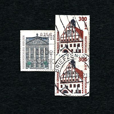 Three Used German Postage Stamps: Two 'Rathaus Grimma' (Mi: 2141A, Scott: 1851) and One 
