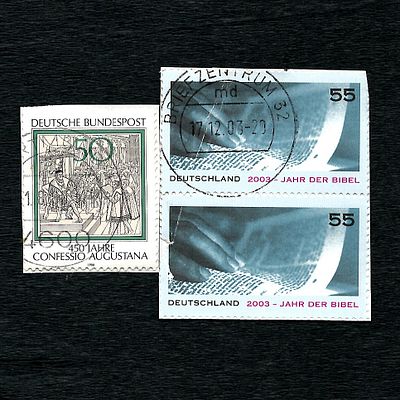 Three Used German Stamps: Confessio Augustana 1980 and Year of the Bible 2003. A group of three 