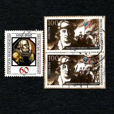 Three German Postage Stamps: 1994 Issue of Friedrich von Steuben and 1980 Issue of Götz von 