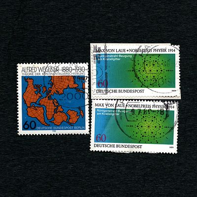 Three German Postage Stamps: Max von Laue (1979) and Alfred Wegener (1980). A group of three 