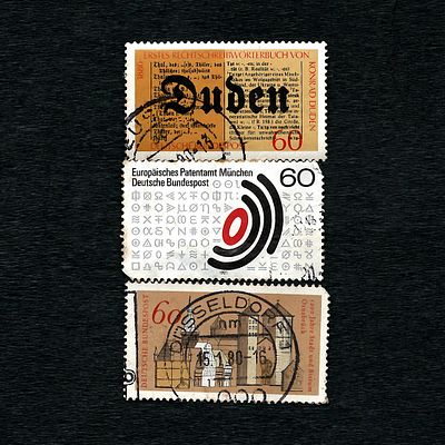 Three Used German Postage Stamps: MiNr. 1039 (Duden), MiNr. 1088 (Osnabrück) and European 
