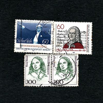 Collection of Four German Postage Stamps Commemorating Composers. A set of four German postage 