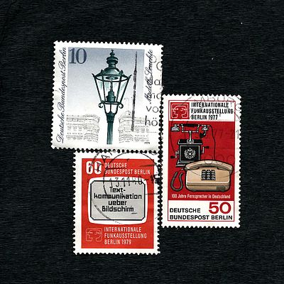 Three Postage Stamps Deutsche Bundespost Berlin, Series 1977 and 1979, Michel 550, 603 and 606. A 