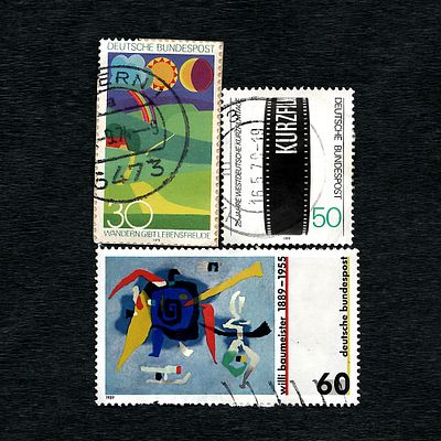 Three Used Postage Stamps of the Deutsche Bundespost, Including the Willi Baumeister Issue (1989). 