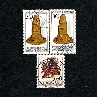 Three Used German Postage Stamps, Including the 1983 Swabian-German Fasnacht 'Federahannes' and 