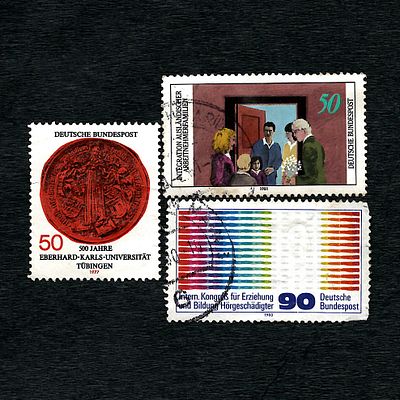 Three Perforated Postage Stamps of the Deutsche Bundespost, Germany, including SC#1257 from 1977. 