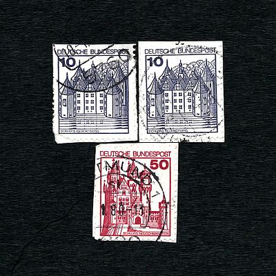 Three Postage Stamps from West Germany, 1977, "Castles and Palaces" Series, Used. A set of three 