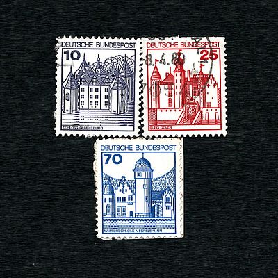 Three Stamps of the Deutsche Bundespost, Castles and Palaces Series, c. 1980. A group of three 