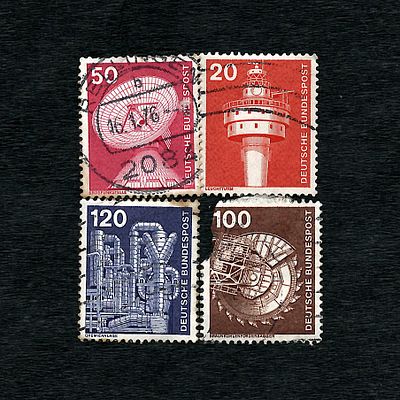 Block of Four Used Stamps from Germany, Deutsche Bundespost, Industry and Technology Series, 1970s. 