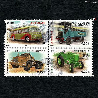 Four-Stamp French Postal Stamps 2003, Historic Vehicles Theme. A booklet of four French postal 