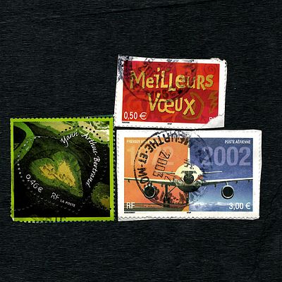 Three French Postage Stamps, Including Airmail Airbus A300 from 2002. A group of three French 