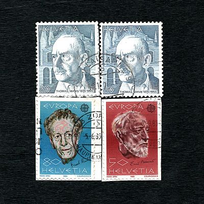 Block of Four Used Postage Stamps from Switzerland, Including Europa Series 1985 and Thomas Mann. 