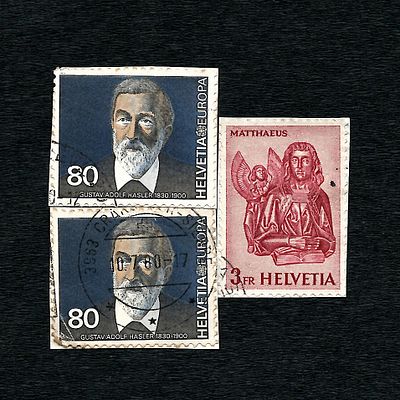 Three Swiss Postage Stamps: 1961 'Matthaeus' Stamp (Scott #406) and Two 'Europa' Stamps by 