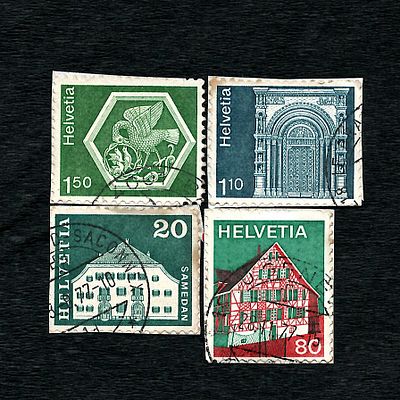 A Group of Four Swiss Postage Stamps from the Definitive Set of 1973, Architecture and Crafts Series
