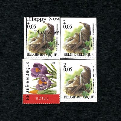 Block of Four Belgian Stamps, Including 'Boomkruiper' (2000-01) and 'Prior' (2002). A block of 