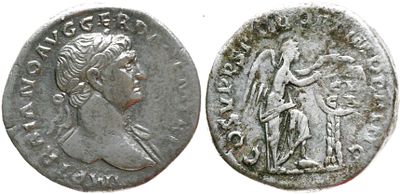 Denarius – Trajan (98–117 AD) – Uncommon reverse: Victory inscribing DACICA. Obverse: Laureate 