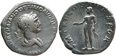 Denarius – Trajan (98–117 AD). Obverse: Laureate head of Trajan facing right. 
Legend: IMP 
