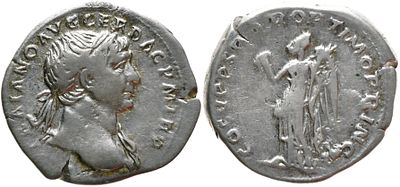 Denarius – Trajan (98–117 AD). Obverse: Laureate head of Trajan to the right. 
Legend: IMP 