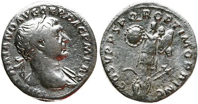 Denarius – Trajan (98–117 AD). Obverse: Laureate head of Trajan right. 
Legend: IMP TRAIANO AVG 