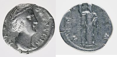 Denarius – Diva Faustina Senior (after AD 141). Obverse: Diademed and veiled bust of Faustina 