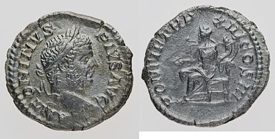 Denarius – Caracalla (AD 198–217). Obverse: Laureate head of Caracalla right. 
Legend: ANTONINVS 