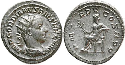 Antoninianus – Gordian III (AD 238–244). Obverse: Radiate, draped and cuirassed bust of Gordian 