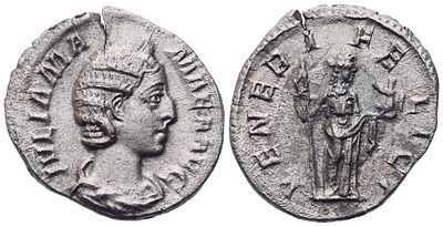 Denarius – Julia Mamaea (222–235 AD). Obverse: 
Draped bust of Julia Mamaea right. 
Legend: 