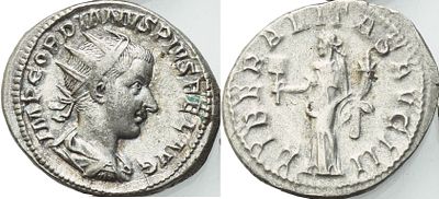 Antoninianus – Gordian III (AD 238–244). Obverse: 
Radiate, draped and cuirassed bust of Gordian 