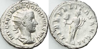 Antoninian – Gordian III (238–244 A.D.). Obverse: 
Radiate, draped and cuirassed bust of Gordian 