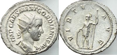 Antoninianus – Gordian III (238–244 AD). Obverse: Radiate, draped and cuirassed bust of Gordian 