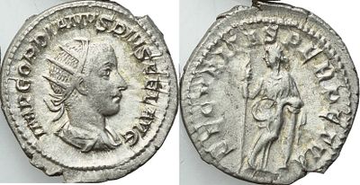 Antoninianus – Gordian III (238–244 AD). Obverse: Radiate, draped and cuirassed bust of Gordian 
