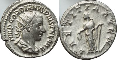 Antoninianus – Gordian III (238–244 AD). Obverse: Radiate, draped and cuirassed bust of Gordian 