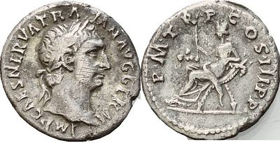 Denarius – Trajan (AD 98–117). Obverse: Laureate head of Trajan facing right. 
Legend: IMP CAES 