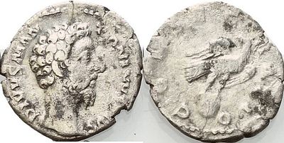 Denarius – Divus Marcus Aurelius (posthumous issue, AD 180–192). Obverse: Bare-headed bust of 