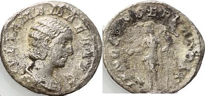 Denarius – Julia Mamaea (AD 222–235). Obverse: Draped bust of Julia Mamaea facing right. 
