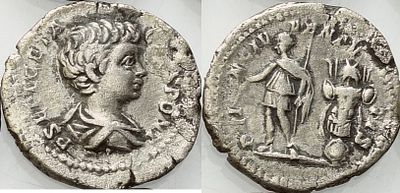 Denarius – Geta as Caesar (AD 198–209). Obverse: Bare-headed and draped bust of Geta to the 