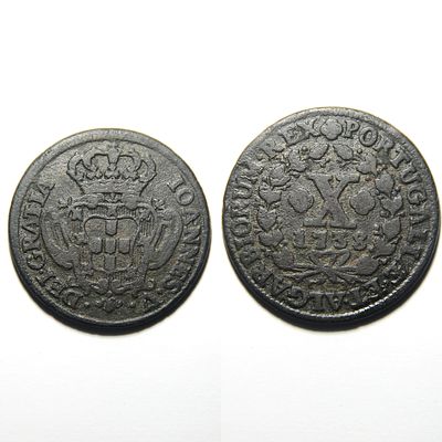 X R&eacute;is 35.04 – D. Jo&atilde;o V (1706–1750) – Portugal. Atypical: Medium module in X R&eacute;is of 1738 
AG 
