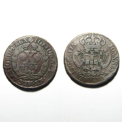 X R&eacute;is 35.08 – D. Jo&atilde;o V (1706–1750) – Portugal. Smaller module (33 mm) 
AG 35.08 – 1743 / open 